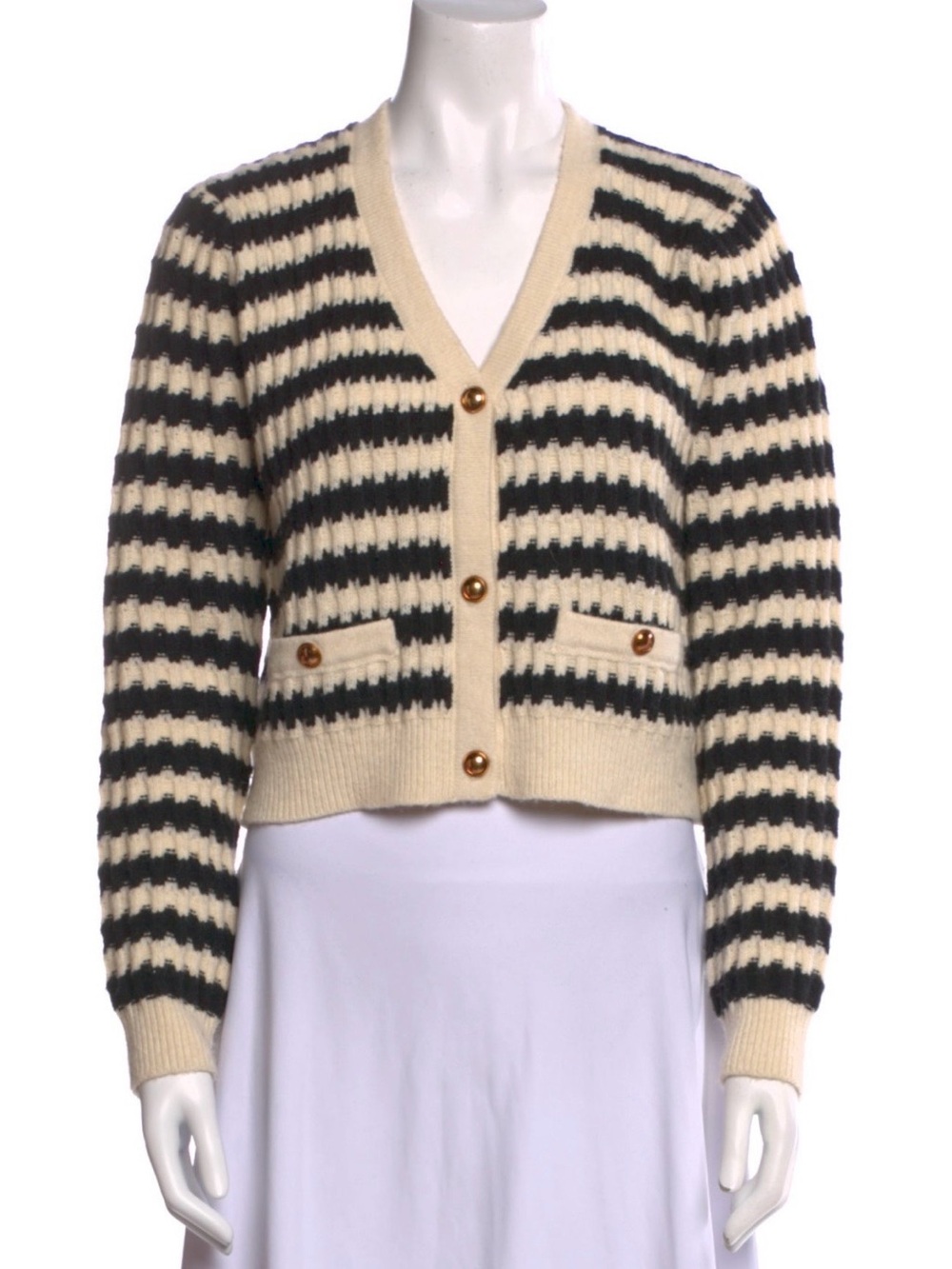 Line & Dot Cream and Black Striped V-Neck Button Cardigan